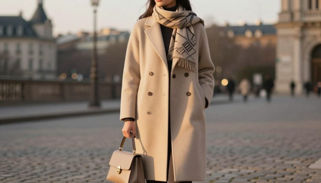 A fashionable model wearing a stylish beige coat, complemented by elegant accessories such as a chic scarf and a matching handbag. The scene is set in an urban environment during golden hour, with soft, warm lighting illuminating the model's outfit. The model stands confidently on a cobblestone street, her pose exuding sophistication and grace. In the background, blurred silhouettes of city buildings provide a chic urban backdrop, emphasizing the theme of modern fashion. Capture this image at eye level with a shallow depth of field to draw focus on the coat and accessories. The overall mood is stylish and contemporary, perfect for illustrating how to combine a beige coat with other wardrobe elements.