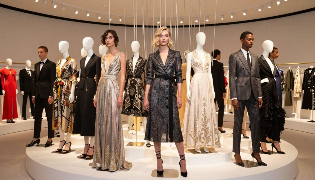 A luxurious fashion showroom showcasing iconic fashion designers and renowned fashion houses that inspire celebrities. In the foreground, a diverse group of stylishly dressed models in elegant attire, representing various fashion styles, confidently pose, demonstrating high-class fashion. In the middle ground, elaborate mannequins display stunning outfits from famous designers, like elaborate gowns and tailored suits, adorned with intricate details. The background features a chic interior with hanging lights and a vibrant color palette, creating a sophisticated ambiance. Use soft, diffused lighting to highlight the textures of the fabrics and give a sense of glamour. The composition should evoke a sense of inspiration and creativity in the fashion world, ideal for discussing celebrity style influences.