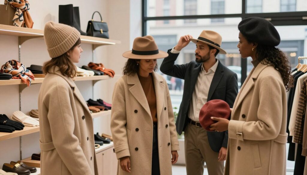 A stylish and practical scene showcasing everyday fashion advice centered around a beige overcoat. In the foreground, a diverse group of three people dressed in modest, professional attire, carefully selecting hats that complement the beige coat—one wearing a chic beanie, another trying on a classic fedora, and the last holding a trendy beret. The middle ground features a trendy boutique filled with various stylish accessories on display, including scarves and gloves, with soft, inviting lighting illuminating the scene. In the background, large windows reveal a bustling city street, enhancing the urban atmosphere. The overall mood is vibrant and inspirational, encouraging the perfect blend of style and practicality for daily outfits.