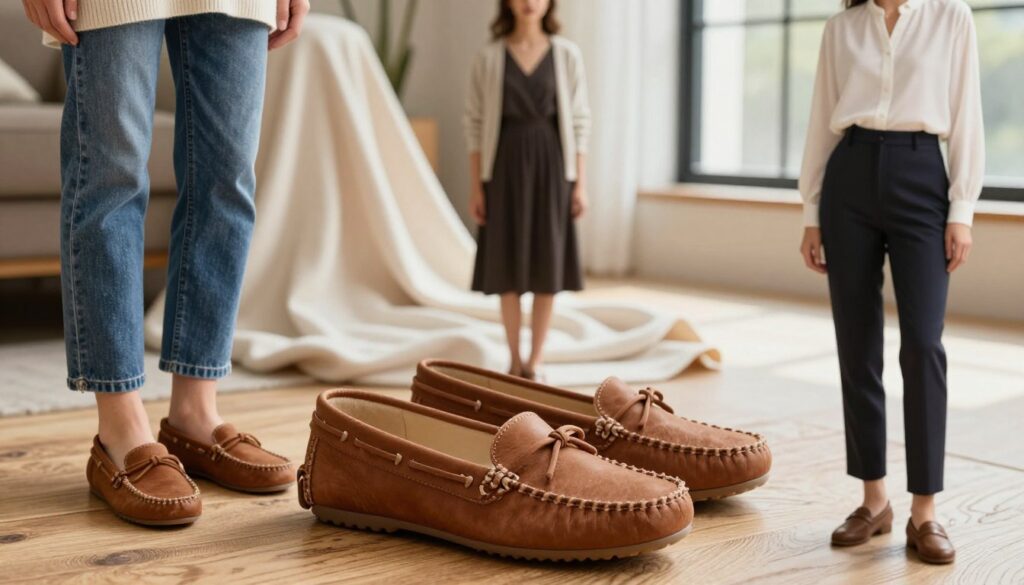 A stylish arrangement showcasing women's brown moccasins, prominently displayed in the foreground on a textured wooden surface. The moccasins feature intricate stitching and soft leather, exuding sophistication and comfort. Surrounding the shoes, there are three distinct outfit inspirations: one with a casual chic look, pairing the moccasins with tailored denim and a light sweater; another with a smart casual ensemble, featuring an elegant dress and a light cardigan; and finally, a professional attire look with tailored pants and a blouse. The middle ground includes soft, natural fabrics draped elegantly, while the background hints at a cozy, stylish room with soft natural lighting filtering through large windows, creating a warm, inviting atmosphere. The angle is slightly elevated to capture the details of the shoes and outfits harmoniously.