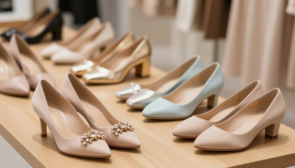 A stylish display showcasing various types of shoes suitable for an ecru dress, emphasizing color palettes such as nude, beige, metallic, and pastel shades. In the foreground, feature an elegant pair of nude heels with delicate embellishments alongside chic beige flats. The middle ground should display a range of metallic shoes like soft gold and silver, complemented by pastel options in light pink and baby blue. The background should be softly blurred to maintain focus on the shoes, with a smooth wooden surface to enhance warmth. The lighting should be soft and natural, with gentle highlights that accentuate the textures of the shoes, creating a sophisticated yet inviting atmosphere that emphasizes elegance and style. A stylish display showcasing various types of shoes suitable for an ecru dress, emphasizing color palettes such as nude, beige, metallic, and pastel shades. In the foreground, feature an elegant pair of nude heels with delicate embellishments alongside chic beige flats. The middle ground should display a range of metallic shoes like soft gold and silver, complemented by pastel options in light pink and baby blue. The background should be softly blurred to maintain focus on the shoes, with a smooth wooden surface to enhance warmth. The lighting should be soft and natural, with gentle highlights that accentuate the textures of the shoes, creating a sophisticated yet inviting atmosphere that emphasizes elegance and style.