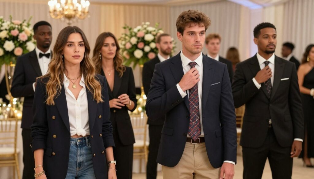 A stylish, elegant setting showcasing a group of diverse individuals, both men and women, standing together while displaying common fashion faux pas for a formal event. In the foreground, a woman is wearing an overly casual outfit that contrasts sharply with the formal occasion, paired with mismatched accessories. Next to her, a man fumbles with an uncoordinated tie and a jacket that's too casual. In the middle ground, a beautifully decorated venue with soft, warm lighting and floral arrangements enhances the atmosphere. The background features subtle hints of opulence, such as chandeliers and draped fabrics. The mood is slightly humorous yet educational, emphasizing the importance of proper dress code choices in a celebratory context. The overall composition should feel vibrant and engaging, perfect for illustrating style choices.