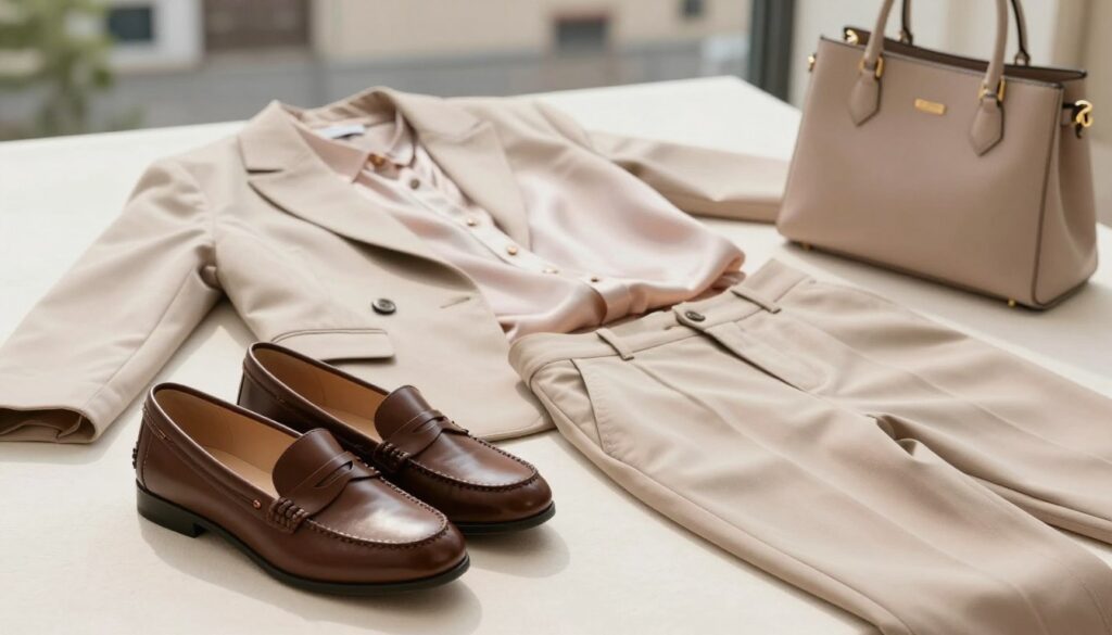 A stylish flat lay showcasing an elegant outfit paired with brown women's loafers. The foreground features a pair of polished brown moccasins, neatly positioned on a soft cream-colored fabric. Surrounding the shoes, there are carefully arranged fashion items: a light beige tailored blazer, a pastel silk blouse, tailored trousers, and an elegant handbag in a complementary shade. In the background, a soft-focus urban scene with subtle hints of greenery adds depth, suggesting a casual yet chic vibe. Soft natural lighting from the left illuminates the items, casting gentle shadows that create warmth. The overall mood is sophisticated and inviting, perfect for a modern fashion guide.