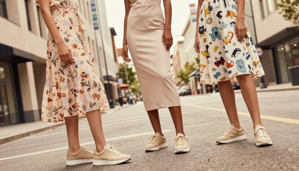 A stylish scene showcasing a diverse group of three models, each elegantly blending beige sneakers with different dresses. The first model wears a flowing floral sundress, the second showcases a sleek, form-fitting evening gown, and the third sports a casual, playful skater dress. They stand on a vibrant city street with modern architecture in the background. Soft, natural lighting illuminates their outfits, creating a warm, inviting atmosphere. The camera angle captures a slightly elevated view, allowing all three styles to be seen harmoniously. The focus is sharp on the models, with a softly blurred cityscape behind them, highlighting the versatility of wearing sneakers with dresses for various occasions.