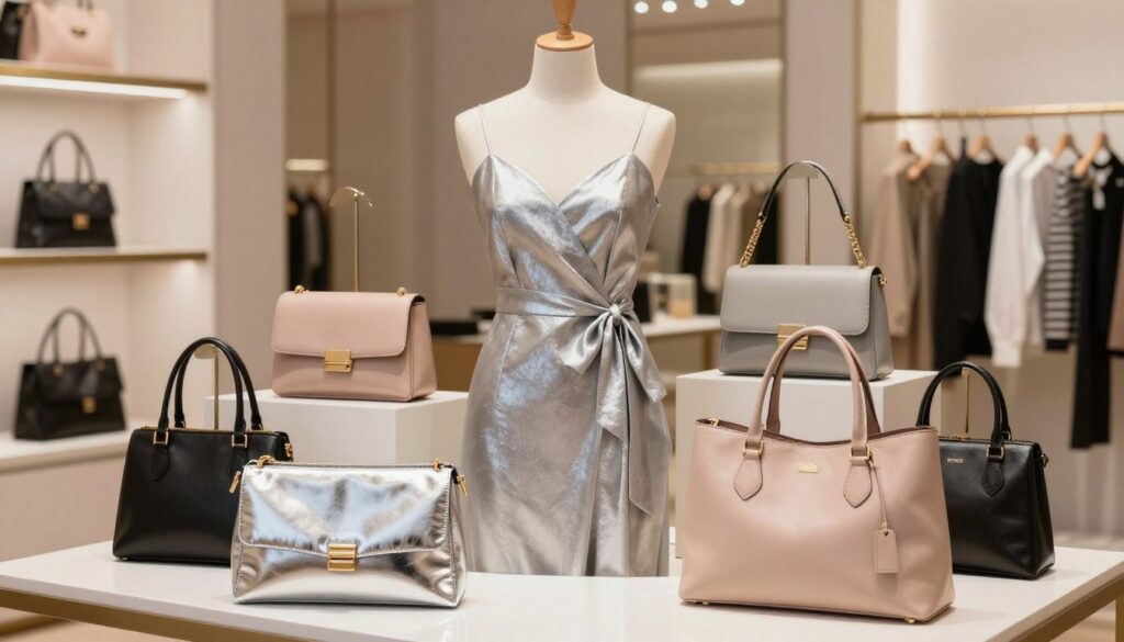 A stylish silver dress elegantly displayed on a mannequin at the center of a chic boutique. Surrounding the dress, various handbag options are arranged in a visually appealing way. The handbags showcase a harmonious color palette, including metallic hues, soft pastels, and rich jewel tones, emphasizing the versatility of styles and materials. The foreground highlights a glossy, metallic silver clutch beside a soft blush tote made of luxurious leather. In the background, soft ambient lighting creates a warm, inviting atmosphere, enhancing the trendy boutique setting. The image is captured at a slight angle, showcasing the textures and details of both the dress and the handbags, emphasizing a modern and sophisticated fashion aesthetic. A stylish silver dress elegantly displayed on a mannequin at the center of a chic boutique. Surrounding the dress, various handbag options are arranged in a visually appealing way. The handbags showcase a harmonious color palette, including metallic hues, soft pastels, and rich jewel tones, emphasizing the versatility of styles and materials. The foreground highlights a glossy, metallic silver clutch beside a soft blush tote made of luxurious leather. In the background, soft ambient lighting creates a warm, inviting atmosphere, enhancing the trendy boutique setting. The image is captured at a slight angle, showcasing the textures and details of both the dress and the handbags, emphasizing a modern and sophisticated fashion aesthetic.