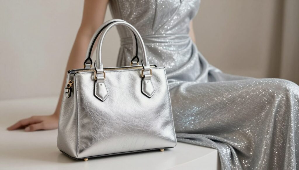 A stylish silver handbag elegantly displayed against a soft, neutral backdrop. The foreground features the handbag with rich textures and intricate detailing, catching the light to highlight its craftsmanship. In the middle ground, a shimmering silver dress is softly draped, complementing the handbag and enhancing its glamor. The background is softly blurred to emphasize the handbag and dress, creating a dreamy atmosphere. Utilize soft, diffused lighting to create a sophisticated and inviting mood, with a focus on reflections that accentuate the silver hues. The composition should be shot from a slightly elevated angle to capture the elegance of the handbag in relation to the dress, ideally conveying a sense of luxury and style. A stylish silver handbag elegantly displayed against a soft, neutral backdrop. The foreground features the handbag with rich textures and intricate detailing, catching the light to highlight its craftsmanship. In the middle ground, a shimmering silver dress is softly draped, complementing the handbag and enhancing its glamor. The background is softly blurred to emphasize the handbag and dress, creating a dreamy atmosphere. Utilize soft, diffused lighting to create a sophisticated and inviting mood, with a focus on reflections that accentuate the silver hues. The composition should be shot from a slightly elevated angle to capture the elegance of the handbag in relation to the dress, ideally conveying a sense of luxury and style.