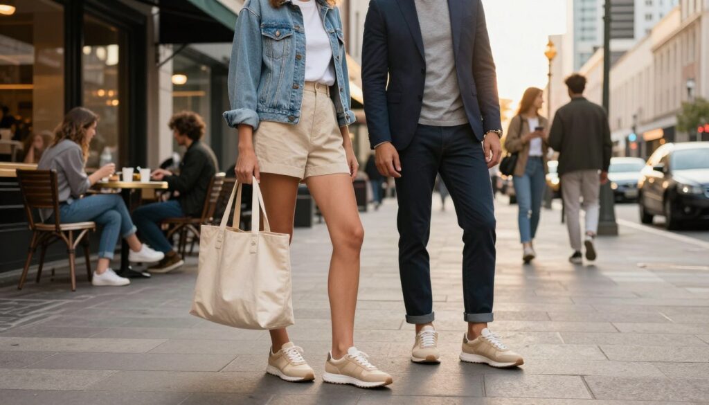 A stylish urban scene featuring two models showcasing fashionable outfits centered around beige sneakers. In the foreground, a woman in a chic, casual ensemble with a light denim jacket and white t-shirt pairs her beige sneakers with an oversized tote bag. Next to her, a man wears a smart-casual look with a tailored blazer over a fitted gray tee, complemented by beige sneakers. The middle ground includes a lively city sidewalk with café tables and people engaged in various activities. The background showcases modern city architecture under soft, golden hour lighting, creating a warm, inviting atmosphere. Capture this moment from a mid-angle perspective to convey a vibrant yet relaxed urban lifestyle.