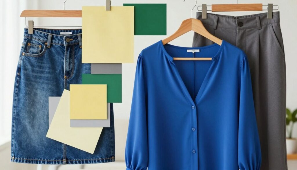 A vibrant arrangement of color combinations featuring a chic cobalt blue blouse as the focal point. In the foreground, display the blouse draped elegantly over a minimalist wooden hanger. Surround it with swatches of complementary colors like soft yellows, deep greens, and subtle greys, artistically arranged to showcase fashionable pairings. In the middle ground, include a stylish denim skirt and tailored trousers that harmonize with the blouse, embodying contemporary fashion trends. The background should be softly blurred with a light, airy aesthetic, allowing the colors to pop. The lighting is bright and natural, suggesting a cozy, inviting atmosphere perfect for an inspiring fashion setting. The overall mood is sophisticated yet accessible, making it ideal for style inspiration.