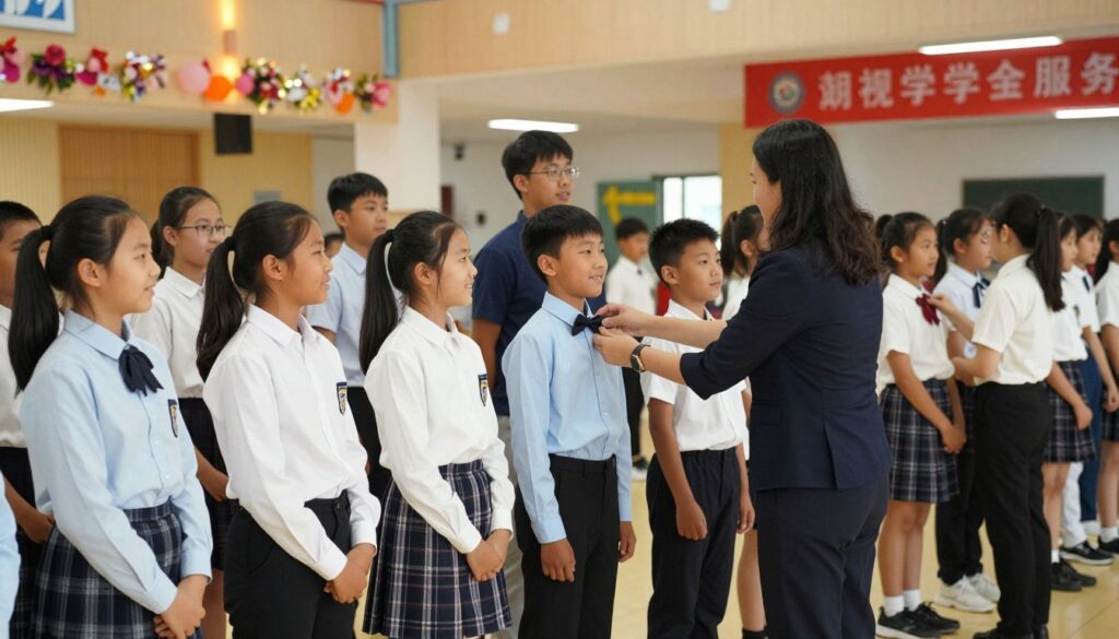 A vibrant school celebration scene showcasing stylish outfits for students, parents, and teachers. In the foreground, a group of diverse students in smart casual attire stands together, smiling and engaging, wearing dress shirts, blouses, skirts, and smart trousers. In the middle ground, a parent is seen adjusting a bow tie on their child, while a teacher, dressed in a professional yet approachable outfit, interacts with them. The background features a decorated school hall with banners and floral arrangements, softly lit with warm ambient lighting to create a festive atmosphere. The angle captures the joyous mood of the celebration, with a slightly elevated perspective to encompass the lively interaction among the attendees.