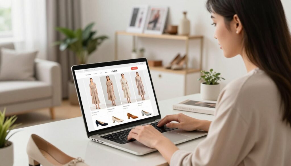 In a cozy, modern home environment, a stylish young woman is seated at a sleek desk, browsing an online shoe store on her laptop. The foreground features her hands gracefully interacting with the screen, showcasing a beautiful selection of elegant ecru dresses and coordinated shoes in various styles and colors. In the middle ground, a bright and inviting living room with plants and soft natural lighting creates a warm atmosphere, enhancing the shopping experience. The background contains a minimalist shelf with fashion magazines and accent decor, reinforcing a sense of sophistication. The overall mood is relaxed and engaging, capturing the joy of online shopping for the perfect pair of shoes. Soft focus highlights the woman while ensuring a clear view of the laptop screen. In a cozy, modern home environment, a stylish young woman is seated at a sleek desk, browsing an online shoe store on her laptop. The foreground features her hands gracefully interacting with the screen, showcasing a beautiful selection of elegant ecru dresses and coordinated shoes in various styles and colors. In the middle ground, a bright and inviting living room with plants and soft natural lighting creates a warm atmosphere, enhancing the shopping experience. The background contains a minimalist shelf with fashion magazines and accent decor, reinforcing a sense of sophistication. The overall mood is relaxed and engaging, capturing the joy of online shopping for the perfect pair of shoes. Soft focus highlights the woman while ensuring a clear view of the laptop screen.