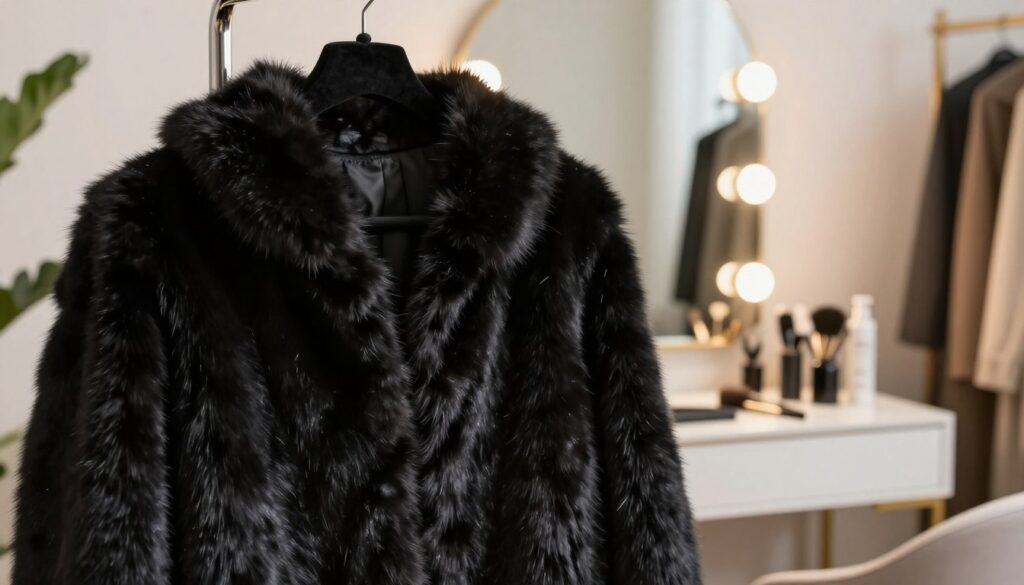 A close-up of a well-groomed, black fur garment hanging elegantly on a velvet hanger in a chic dressing room. In the foreground, the focus is on the soft, shiny texture of the black fur, showcasing its rich color and depth. The middle showcases a stylish dressing table adorned with grooming tools such as brushes, conditioners, and a small mirror reflecting a softly lit space. The background features a warmly lit room with subtle decorative elements like plants and soft fabrics, creating a cozy atmosphere. The lighting is soft and diffused, enhancing the luxurious feel of the fur while casting gentle shadows. Emphasize a serene and polished mood to reflect the care and maintenance of the black fur.