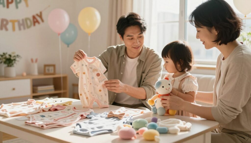 A cozy, inviting interior setting showcasing parents thoughtfully selecting an outfit for their child's first birthday. In the foreground, a table filled with adorable clothing options: a cute pastel onesie, a charming bow tie, and soft, colorful accessories. In the middle ground, a parent, dressed in casual yet stylish clothing, examines a fabric swatch, while the other parent holds a playful, plush toy, symbolizing their excitement. The background features a softly lit room with decorations like balloons and a 'Happy Birthday' banner, with warm sunlight streaming through a window, creating a comforting atmosphere. The overall mood is joyful and reflective, capturing the essence of selecting a perfect outfit for such a special occasion. A cozy, inviting interior setting showcasing parents thoughtfully selecting an outfit for their child's first birthday. In the foreground, a table filled with adorable clothing options: a cute pastel onesie, a charming bow tie, and soft, colorful accessories. In the middle ground, a parent, dressed in casual yet stylish clothing, examines a fabric swatch, while the other parent holds a playful, plush toy, symbolizing their excitement. The background features a softly lit room with decorations like balloons and a 'Happy Birthday' banner, with warm sunlight streaming through a window, creating a comforting atmosphere. The overall mood is joyful and reflective, capturing the essence of selecting a perfect outfit for such a special occasion.