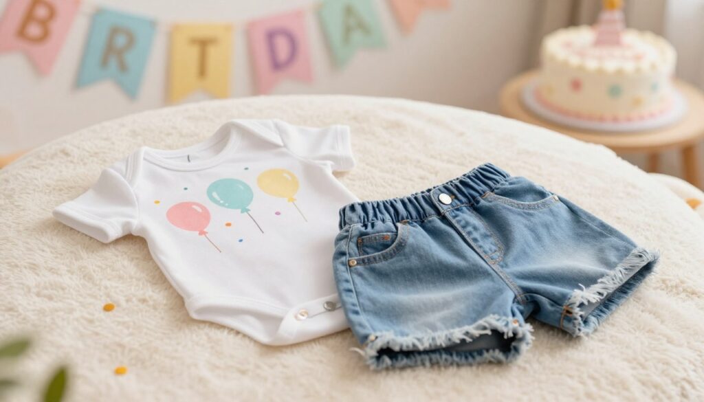 A cute infant bodysuit and a pair of stylish shorts designed for a first birthday celebration, lying on a soft, fluffy blanket. The bodysuit is adorned with cheerful patterns of balloons and confetti in pastel colors, while the shorts are made of light denim with a gentle fray at the hem. In the background, softly blurred, there are festive decorations like colorful banners and a birthday cake on a table. The lighting is warm and inviting, creating a joyful atmosphere. The scene is captured from a slightly elevated angle, giving a detailed view of the outfit's textures and colors, emphasizing the delightful preparation for a child's special day. A cute infant bodysuit and a pair of stylish shorts designed for a first birthday celebration, lying on a soft, fluffy blanket. The bodysuit is adorned with cheerful patterns of balloons and confetti in pastel colors, while the shorts are made of light denim with a gentle fray at the hem. In the background, softly blurred, there are festive decorations like colorful banners and a birthday cake on a table. The lighting is warm and inviting, creating a joyful atmosphere. The scene is captured from a slightly elevated angle, giving a detailed view of the outfit's textures and colors, emphasizing the delightful preparation for a child's special day.