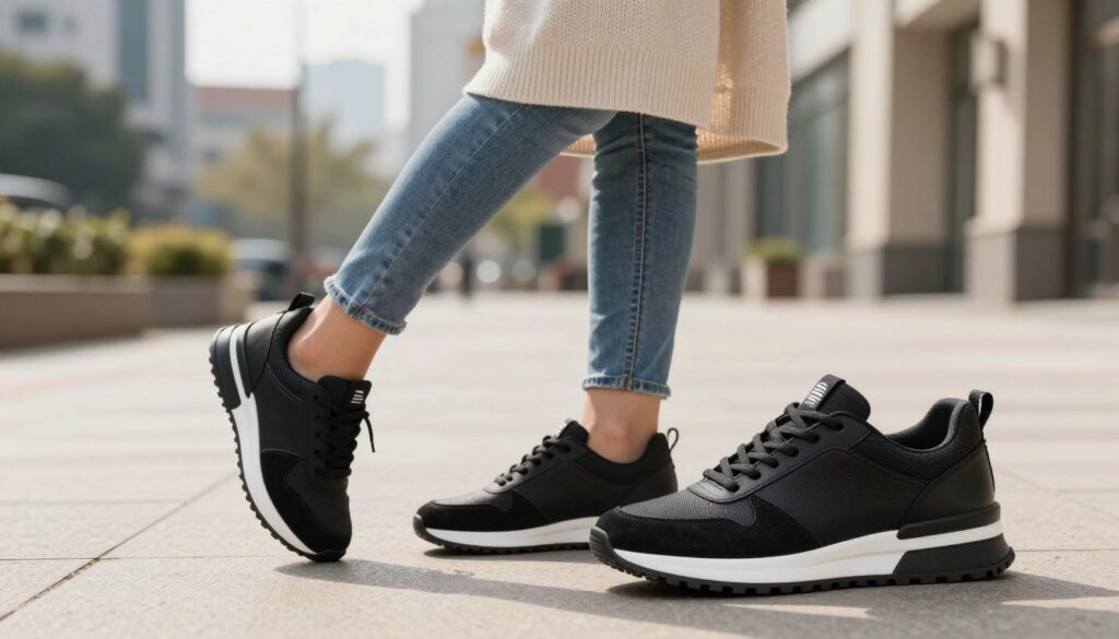 A fashionable scene featuring a pair of stylish black women's sneakers prominently displayed in the foreground, showcasing their modern design and sleek silhouette. In the middle ground, a woman dressed in a casual yet trendy outfit stands, incorporating the sneakers into her ensemble—a light oversized sweater and fitted jeans, adding a touch of chicness. The background depicts an urban environment with soft-focus elements like city buildings and greenery, enhancing the casual, everyday vibe. The lighting is soft and natural, suggesting a sunny afternoon, casting gentle shadows that add depth to the scene. The overall mood is relaxed and confident, reflecting stylish everyday wear that centers around the black sneakers. A fashionable scene featuring a pair of stylish black women's sneakers prominently displayed in the foreground, showcasing their modern design and sleek silhouette. In the middle ground, a woman dressed in a casual yet trendy outfit stands, incorporating the sneakers into her ensemble—a light oversized sweater and fitted jeans, adding a touch of chicness. The background depicts an urban environment with soft-focus elements like city buildings and greenery, enhancing the casual, everyday vibe. The lighting is soft and natural, suggesting a sunny afternoon, casting gentle shadows that add depth to the scene. The overall mood is relaxed and confident, reflecting stylish everyday wear that centers around the black sneakers.