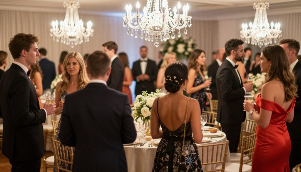 A sophisticated scene depicting various types of formal celebrations. In the foreground, showcase elegantly dressed guests in diverse formal attire—suits, gowns, and cocktail dresses—engaged in conversation while holding drinks. The middle ground features beautifully decorated tables with exquisite centerpieces, soft lighting emanating from glamorous chandeliers overhead. The background hints at a decorated venue with thematic elements, like floral arrangements and drapery, reflecting different occasions such as galas, weddings, and award ceremonies. The overall lighting is warm and inviting, creating a cheerful yet sophisticated atmosphere. Capture this image from a slight angle to add depth, focusing on the elegance and diversity of formal styles appropriate for each type of event. A sophisticated scene depicting various types of formal celebrations. In the foreground, showcase elegantly dressed guests in diverse formal attire—suits, gowns, and cocktail dresses—engaged in conversation while holding drinks. The middle ground features beautifully decorated tables with exquisite centerpieces, soft lighting emanating from glamorous chandeliers overhead. The background hints at a decorated venue with thematic elements, like floral arrangements and drapery, reflecting different occasions such as galas, weddings, and award ceremonies. The overall lighting is warm and inviting, creating a cheerful yet sophisticated atmosphere. Capture this image from a slight angle to add depth, focusing on the elegance and diversity of formal styles appropriate for each type of event.