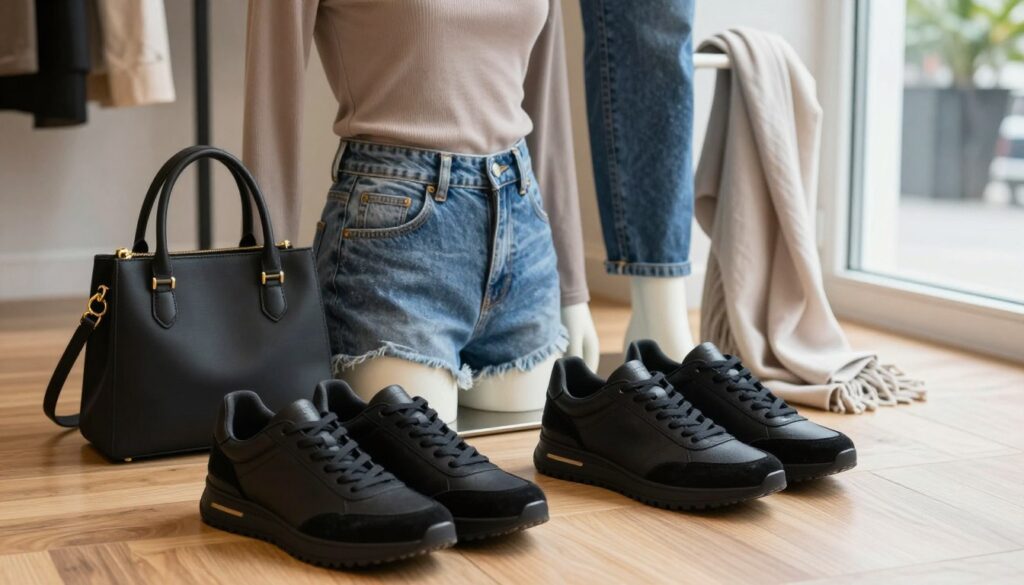 A stylish arrangement showcasing women's black sneakers integrated into everyday outfits. In the foreground, a pair of sleek black sneakers with subtle gold accents, placed on a wooden floor. In the middle, a mannequin dressed in a casual but chic outfit featuring high-waisted jeans and a fitted, neutral-tone top, complementing the sneakers. Accessories like a minimalist handbag and a light scarf are tastefully placed around. In the background, a stylish urban setting with soft natural lighting, hinting at a fashion-forward lifestyle, perhaps with a hint of greenery. The atmosphere feels fresh and modern, evoking a sense of effortless style suitable for daily wear. The angle is slightly above eye level to capture the outfit details clearly while maintaining focus on the sneakers. A stylish arrangement showcasing women's black sneakers integrated into everyday outfits. In the foreground, a pair of sleek black sneakers with subtle gold accents, placed on a wooden floor. In the middle, a mannequin dressed in a casual but chic outfit featuring high-waisted jeans and a fitted, neutral-tone top, complementing the sneakers. Accessories like a minimalist handbag and a light scarf are tastefully placed around. In the background, a stylish urban setting with soft natural lighting, hinting at a fashion-forward lifestyle, perhaps with a hint of greenery. The atmosphere feels fresh and modern, evoking a sense of effortless style suitable for daily wear. The angle is slightly above eye level to capture the outfit details clearly while maintaining focus on the sneakers.
