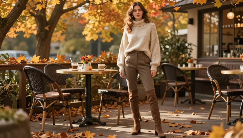 A stylish autumn outfit featuring knee-high boots in a cozy, outdoor café setting. In the foreground, a fashionable woman stands confidently, wearing a chic oversized sweater and tailored trousers, paired with elegant knee-high boots. Her hair is softly tousled, reflecting a casual yet polished look. In the middle background, a table is set with warm drinks and seasonal decorations, surrounded by fallen leaves. The scene is bathed in soft golden hour lighting, casting a warm glow that enhances the autumn atmosphere. The surrounding trees are adorned with vibrant, colorful foliage, completing the inviting autumnal aesthetic. The image evokes a sense of comfort and style, perfect for chilly days. A stylish autumn outfit featuring knee-high boots in a cozy, outdoor café setting. In the foreground, a fashionable woman stands confidently, wearing a chic oversized sweater and tailored trousers, paired with elegant knee-high boots. Her hair is softly tousled, reflecting a casual yet polished look. In the middle background, a table is set with warm drinks and seasonal decorations, surrounded by fallen leaves. The scene is bathed in soft golden hour lighting, casting a warm glow that enhances the autumn atmosphere. The surrounding trees are adorned with vibrant, colorful foliage, completing the inviting autumnal aesthetic. The image evokes a sense of comfort and style, perfect for chilly days.