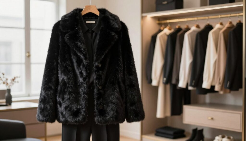 A stylish black short fur coat prominently displayed in the foreground, showcasing its luxurious texture and elegant cut. The coat is paired with a chic outfit that includes a tailored blouse and sophisticated pants, emphasizing its versatility as a capsule wardrobe element. In the middle ground, a well-organized closet featuring a selection of essential clothing items, all in a cohesive color palette that complements the fur coat. The background consists of a softly lit dressing room, with natural light filtering through large windows, creating a warm and inviting atmosphere. The scene conveys a sense of fashion-forward sophistication and effortless style, perfect for any occasion. The overall composition should evoke a mood of confidence and elegance, with a focus on minimalism and functionality in fashion.