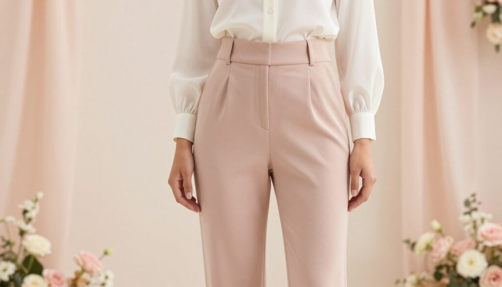A stylish, elegant outfit featuring chic trousers suitable for a wedding, set against a soft, ethereal backdrop of gentle pastel colors. In the foreground, focus on a tailored pair of high-waisted trousers, complementing them with a sophisticated blouse tucked in, showcasing the fabric's luxurious texture. The model, a woman with an elegant demeanor, stands gracefully, highlighting the trousers’ fluid drape and tailored fit. Soft, diffused lighting accentuates the ensemble, creating a flattering glow around her. In the middle ground, incorporate subtle floral arrangements to enhance the wedding vibe without overshadowing the trousers. The image captures a warm and inviting atmosphere, evoking feelings of joy and celebration, perfect for a stylish wedding outfit inspiration.