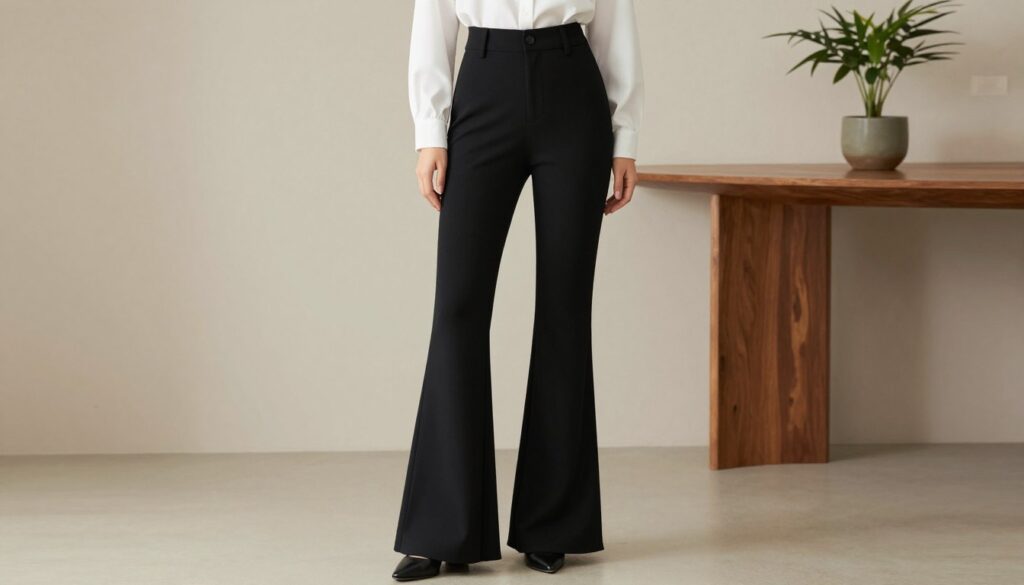 A stylish indoor setting featuring a fashionable model wearing black flared trousers, elegantly paired with a fitted white blouse. The model is posing confidently, showcasing the trousers' wide cuffs, which elegantly flow to the floor. Soft, natural lighting highlights the fabric's texture and the sophisticated silhouette of the outfit. The background includes minimalist decor with neutral tones, such as a sleek wooden table and a potted plant, creating a relaxed yet chic atmosphere. The angle captures the full outfit, emphasizing how the flared legs complement the overall look. This image conveys a modern and trendy vibe, ideal for showcasing outfit ideas for black bell-bottom styles. A stylish indoor setting featuring a fashionable model wearing black flared trousers, elegantly paired with a fitted white blouse. The model is posing confidently, showcasing the trousers' wide cuffs, which elegantly flow to the floor. Soft, natural lighting highlights the fabric's texture and the sophisticated silhouette of the outfit. The background includes minimalist decor with neutral tones, such as a sleek wooden table and a potted plant, creating a relaxed yet chic atmosphere. The angle captures the full outfit, emphasizing how the flared legs complement the overall look. This image conveys a modern and trendy vibe, ideal for showcasing outfit ideas for black bell-bottom styles.
