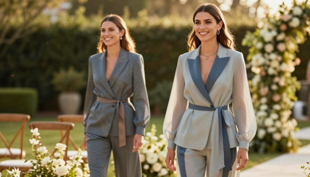 A stylish outdoor wedding setting featuring elegant matching ensembles for women, showcasing modern sophistication. In the foreground, a smiling woman dressed in a tailored, chic pantsuit with delicate, flowing fabrics and subtle, eye-catching colors, accessorized with tasteful jewelry. The middle ground includes a second woman in a similar outfit, highlighting different color patterns and textures that complement the event's elegance. The background features softly blurred lush greenery and tastefully arranged floral decorations that enhance the joyful atmosphere. Natural golden hour lighting bathes the scene, creating a warm and inviting mood. Shot from a slightly elevated angle to emphasize the outfits and the elegant setting, conveying a sense of grace and contemporary style.