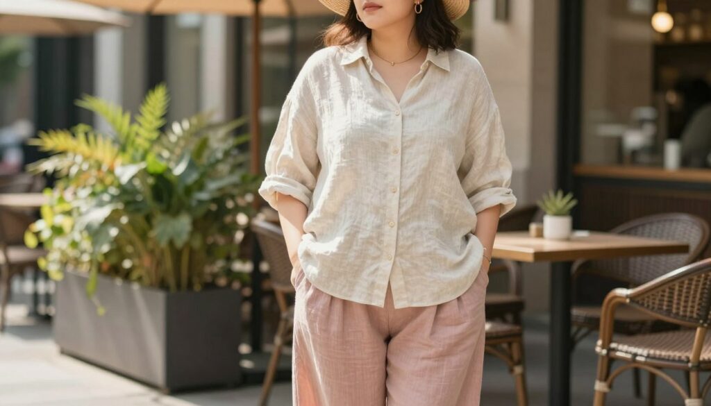 A stylish plus-size woman in oversized casual summer outfits standing confidently in an urban setting, embodying both elegance and comfort. She wears a light, flowy, oversized linen shirt paired with wide-legged cotton trousers in pastel shades. Accessories like a chic sunhat and minimalistic jewelry add a touch of sophistication. The scene captures her at a cozy outdoor café, with vibrant plants in the background, hinting at summer. Soft, natural lighting enhances the relaxed vibe, while the warm colors evoke a sunny day. A shallow depth of field blurs the background slightly, keeping focus on her stylish attire, reflecting a mood of casual elegance.