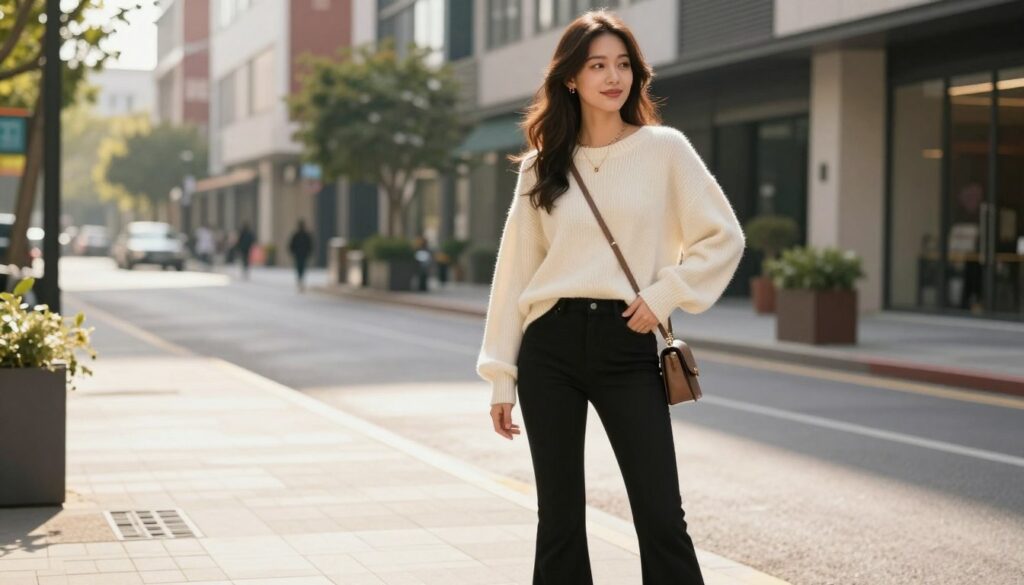 A stylish young woman stands confidently in a vibrant urban setting, dressed in trendy black flared pants, paired with a relaxed cream-colored oversized sweater. Her outfit is accessorized with delicate gold jewelry and a chic crossbody bag. The foreground features her in a casual pose, one hand on her hip, as she looks off to the side with a slight smile. In the middle ground, you can see a sunlit street lined with modern buildings and greenery, enhancing the casual vibe. A soft, warm afternoon light casts gentle shadows, creating a comfortable atmosphere. The image is shot at eye level with a wide-angle lens, inviting viewers to feel the casual yet fashionable essence of everyday styling. A stylish young woman stands confidently in a vibrant urban setting, dressed in trendy black flared pants, paired with a relaxed cream-colored oversized sweater. Her outfit is accessorized with delicate gold jewelry and a chic crossbody bag. The foreground features her in a casual pose, one hand on her hip, as she looks off to the side with a slight smile. In the middle ground, you can see a sunlit street lined with modern buildings and greenery, enhancing the casual vibe. A soft, warm afternoon light casts gentle shadows, creating a comfortable atmosphere. The image is shot at eye level with a wide-angle lens, inviting viewers to feel the casual yet fashionable essence of everyday styling.