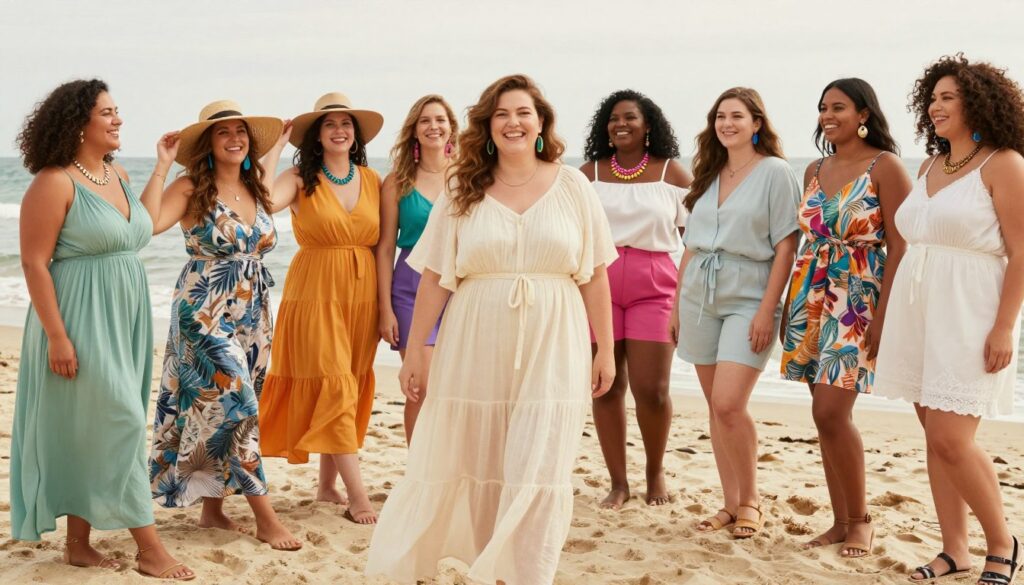 A vibrant summer scene showcasing plus-size fashion inspirations for various occasions. In the foreground, a diverse group of confident, stylish women of different ethnicities, dressed in chic, modest summer outfits such as flowing maxi dresses, tailored shorts, and breezy blouses, exuding joy and camaraderie. In the middle ground, colorful accessories like wide-brimmed hats and statement jewelry accentuate their looks, while a variety of fashionable footwear is visible. The background features a sunlit beach setting with soft sand and gentle waves, giving a warm, inviting atmosphere. Soft, diffused natural lighting enhances the colors, creating a cheerful and uplifting mood. The perspective is slightly angled to capture both the stylish attire and the stunning environment seamlessly.