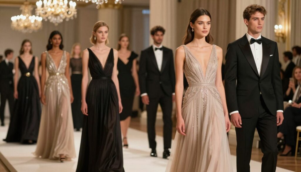 An elegant fashion display featuring a diverse group of people wearing formal attire, showcasing key rules for selecting gala clothing. In the foreground, a well-dressed woman in a classic, floor-length evening gown with intricate detailing stands confidently, while a gentleman beside her wears a tailored tuxedo. The middle ground includes a few more elegantly dressed individuals, each showcasing different styles, such as a sleek cocktail dress, a sharp suit with a bow tie, and stylish accessories. The background features a luxurious, softly lit event space with chandeliers and tasteful decor, enhancing the atmosphere of sophistication. The lighting is warm and inviting, accentuating the textures of the gowns and fabrics, with a slight bokeh effect to emphasize the subjects, creating a mood of grace and refinement. An elegant fashion display featuring a diverse group of people wearing formal attire, showcasing key rules for selecting gala clothing. In the foreground, a well-dressed woman in a classic, floor-length evening gown with intricate detailing stands confidently, while a gentleman beside her wears a tailored tuxedo. The middle ground includes a few more elegantly dressed individuals, each showcasing different styles, such as a sleek cocktail dress, a sharp suit with a bow tie, and stylish accessories. The background features a luxurious, softly lit event space with chandeliers and tasteful decor, enhancing the atmosphere of sophistication. The lighting is warm and inviting, accentuating the textures of the gowns and fabrics, with a slight bokeh effect to emphasize the subjects, creating a mood of grace and refinement.