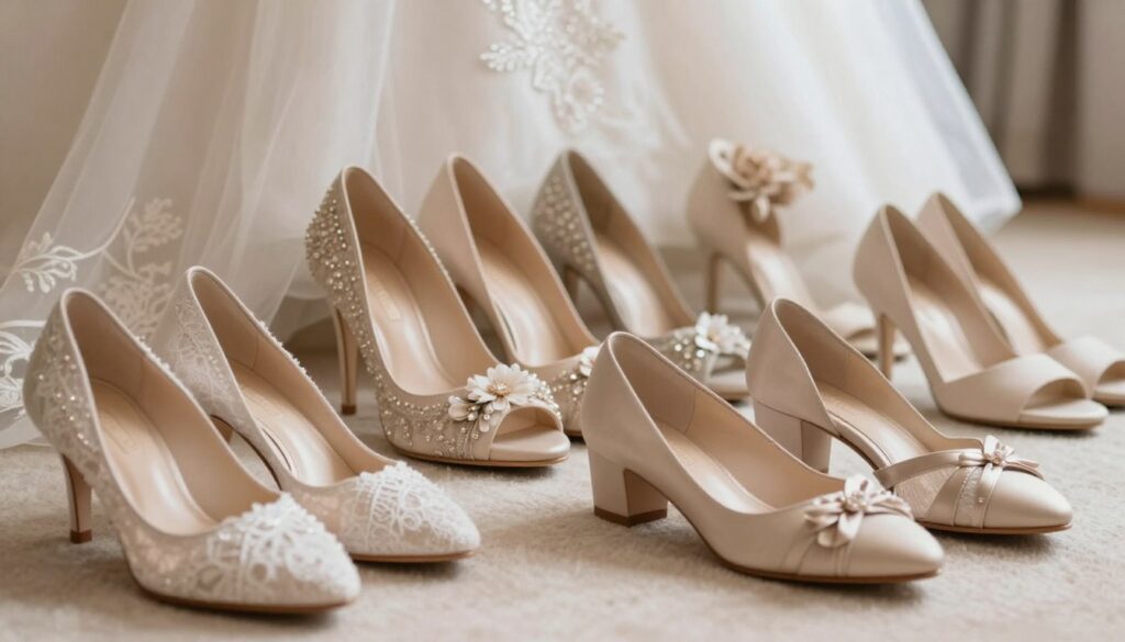 A beautifully arranged display of bridal footwear materials and finishes, showcasing a variety of beige wedding shoes set against a soft, elegant backdrop. In the foreground, a selection of shoe styles includes classic pumps, delicate sandals, and ornate flats, adorned with intricate lace, satin, and silk textures. The middle ground features shimmering details like floral appliqués and subtle beadwork that enhance the luxurious feel. The scene is lit with soft, diffused lighting, creating a romantic atmosphere. The background features a blurred glimpse of a wedding dress in white, emphasizing the shoes' complementary tones. The image captures a sense of sophistication and charm, ideal for guiding readers in selecting the perfect details for their wedding footwear.