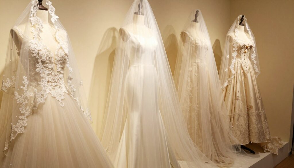 A beautifully arranged display of various wedding veils tailored to complement different wedding gowns. In the foreground, showcase an elegant, intricate lace veil draped over a soft mannequin dressed in a classic ball gown. In the middle layer, feature a lightweight tulle veil cascading over a sleek, modern mermaid dress, highlighting the delicate fabric and its flow. In the background, a whimsical cathedral veil rests elegantly on a vintage dress with floral embellishments. Soft, warm lighting bathes the scene, creating an inviting and romantic atmosphere. The camera angle captures the veils from a slightly elevated perspective, emphasizing their textures and the overall elegance of the bridal attire. The mood is serene and dreamy, perfect for a bridal inspiration article.
