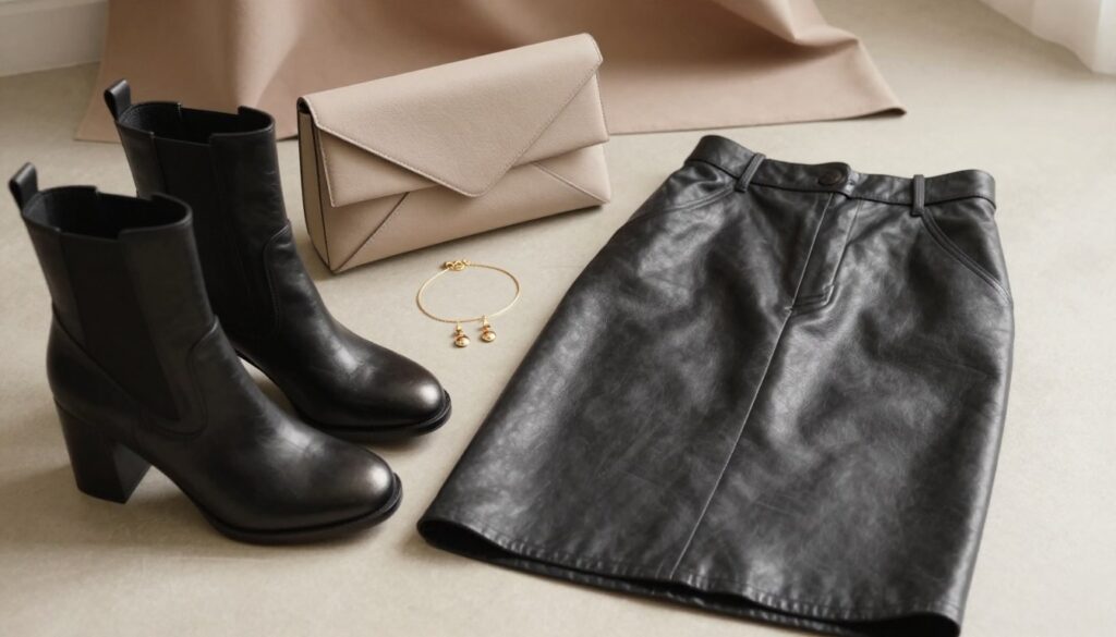 A beautifully arranged flat lay of accessories and footwear perfectly complementing a stylish leather skirt. In the foreground, showcase elegant ankle boots in rich black leather, adorned with subtle metallic accents. Beside them, a chic clutch bag with a unique geometric design and soft texture. In the middle, display a delicate gold necklace and matching earrings that add sophistication to the outfit. The background features a softly blurred palette of muted earth tones, perhaps a subtle hint of fabric reminiscent of a fashion studio. Natural light filters in, creating a warm and inviting atmosphere, and the angle is slightly tilted for an artistic touch. The entire composition exudes a sense of modern elegance and fashion flair, suitable for a contemporary outfit styling context.