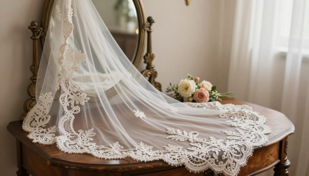 A beautifully arranged wedding veil displayed in an elegant setting, symbolizing its history and tradition. In the foreground, the veil is delicately draped over a vintage wooden table, showcasing intricate lace details and shimmering embroidery reminiscent of various cultural styles. In the middle, a softly lit antique mirror reflects the veil, adding depth to the scene, while a few small flowers are artfully placed nearby, evoking a sense of romance. The background features a softly blurred, ethereal atmosphere, with gentle lighting that creates a warm glow, hinting at a serene bridal preparation space. The mood is nostalgic yet enchanting, capturing the rich heritage of wedding veils through time. The image should be well-composed, emphasizing grace and tradition without any modern distractions.
