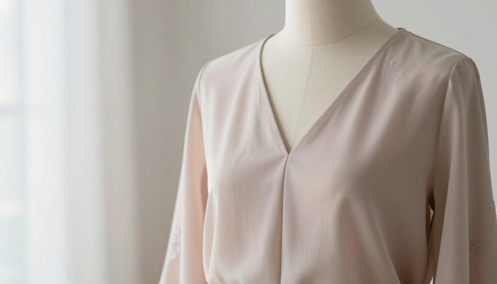 A beautifully designed blouse featuring an elegant teardrop neckline, crafted from lightweight, flowing fabric. The blouse is displayed on a stylish mannequin in a well-lit studio, with soft, diffused natural light highlighting its delicate texture. In the foreground, focus on the folds of the blouse, showcasing its sophisticated draping and unique design elements such as subtle embroidery or lace trim. The middle ground reveals a muted, pastel color palette, enhancing the blouse's elegance, while the background features a blurred soft white or light grey, creating a serene atmosphere. The overall mood conveys sophistication and modernity, suitable for a chic fashion collection. The shot is taken from a slightly elevated angle with a shallow depth of field, drawing attention to the blouse's stunning details.