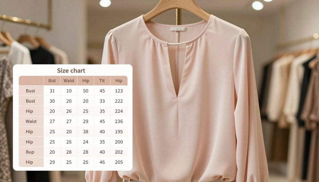 A detailed and elegant clothing size chart specifically for a blouse with a keyhole neckline. In the foreground, showcase a neatly organized size chart featuring various measurements such as bust, waist, and hip sizes, beautifully designed with soft pastel colors. The middle ground should include a subtle image of the blouse itself, gracefully draped on a mannequin or hanger, emphasizing the unique keyhole neckline and elegant fabric drape. The background should be softly blurred to suggest a stylish boutique setting, with warm ambient lighting that enhances the sophistication of the attire. Capture an inviting and classy atmosphere, aiming for a professional and polished look, suitable for a fashion article.