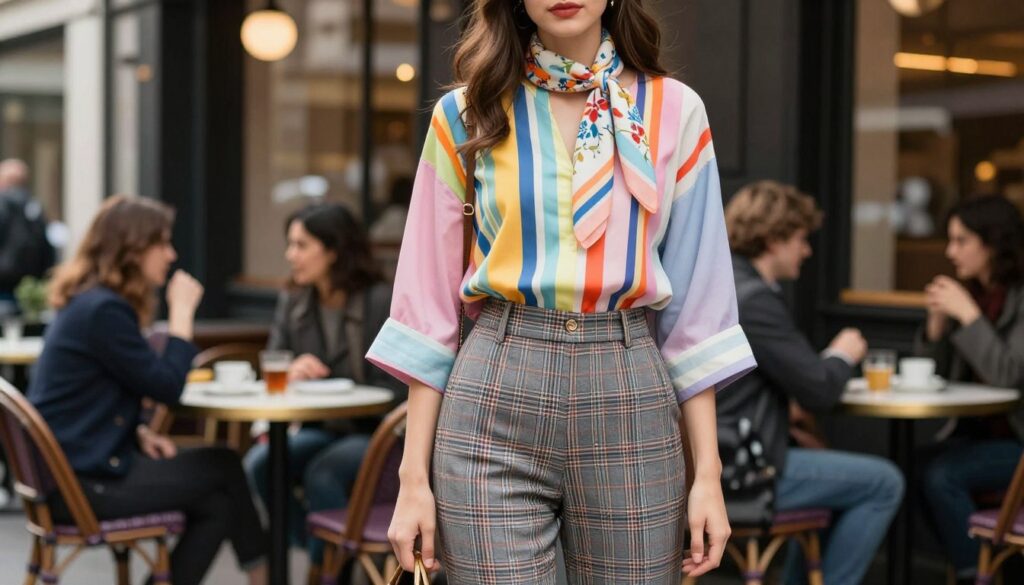 A fashion-forward woman stands confidently in a stylish urban setting, showcasing her outfit featuring plaid trousers. Her ensemble artfully combines various colors and patterns, such as a vibrant striped top and a floral scarf, harmoniously blending through shades of pastel and bold hues. The background reveals a chic cafe with people engaged in conversations, adding to the lively atmosphere. Soft, diffused natural light creates a warm ambiance, highlighting the textures of the fabrics. The image is captured from a mid-angle, emphasizing both the outfit's intricate details and the vibrant city life around her, conveying a sense of creativity and confidence in wearing mixed patterns successfully.