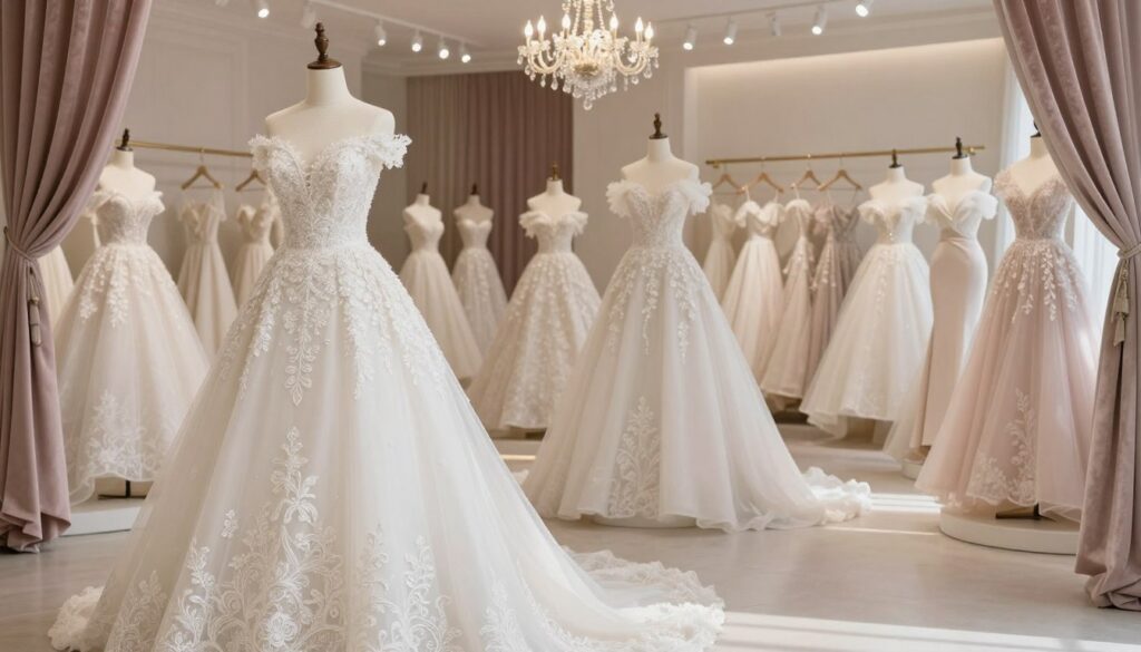 A luxurious showcase of exclusive wedding dresses from the Berta Bridal collection. In the foreground, a stunning white wedding gown adorned with intricate lace and delicate embroidery, displayed elegantly on a vintage mannequin. The middle of the scene features additional gowns in soft hues of ivory and blush, showcasing varying styles such as ball gowns and fitted silhouettes. The background consists of a lavish, softly-lit boutique with elegant chandeliers and plush velvet drapes, creating a romantic atmosphere. Soft, diffused natural lighting highlights the textures of the fabrics, casting gentle shadows. The overall mood is sophisticated and dreamy, perfect for showcasing these breathtaking bridal creations. A luxurious showcase of exclusive wedding dresses from the Berta Bridal collection. In the foreground, a stunning white wedding gown adorned with intricate lace and delicate embroidery, displayed elegantly on a vintage mannequin. The middle of the scene features additional gowns in soft hues of ivory and blush, showcasing varying styles such as ball gowns and fitted silhouettes. The background consists of a lavish, softly-lit boutique with elegant chandeliers and plush velvet drapes, creating a romantic atmosphere. Soft, diffused natural lighting highlights the textures of the fabrics, casting gentle shadows. The overall mood is sophisticated and dreamy, perfect for showcasing these breathtaking bridal creations.