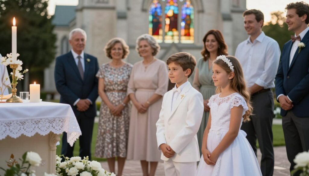 A serene outdoor setting for a child's First Communion, featuring an elegantly dressed boy and girl in traditional attire. The boy wears a tailored white suit with a subtle gold cross pin, while the girl is adorned in a delicate, lace-trimmed white dress with floral accents and a matching headpiece. In the foreground, a small altar is decorated with white flowers and candles. In the middle, festive family members in modest, elegant clothing are gathered, smiling and embracing the joyous occasion. The background shows a picturesque church with stained glass windows glowing softly in the afternoon light, creating a warm and inviting atmosphere. The scene captures a sense of tradition, celebration, and innocence, conveying the essence of communion attire. Soft, natural lighting enhances the purity and serenity of the moment. A serene outdoor setting for a child's First Communion, featuring an elegantly dressed boy and girl in traditional attire. The boy wears a tailored white suit with a subtle gold cross pin, while the girl is adorned in a delicate, lace-trimmed white dress with floral accents and a matching headpiece. In the foreground, a small altar is decorated with white flowers and candles. In the middle, festive family members in modest, elegant clothing are gathered, smiling and embracing the joyous occasion. The background shows a picturesque church with stained glass windows glowing softly in the afternoon light, creating a warm and inviting atmosphere. The scene captures a sense of tradition, celebration, and innocence, conveying the essence of communion attire. Soft, natural lighting enhances the purity and serenity of the moment.