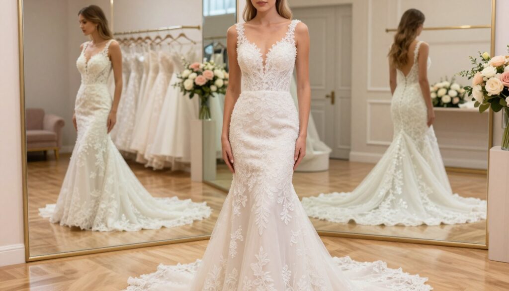 A stunning bridal gown in a fish tail silhouette elegantly hugs a model's curves, highlighting her figure. The gown features delicate lace detailing and intricate beading that shimmer softly in natural light. The scene is set in a softly lit boutique with a polished wooden floor, surrounded by elegant mirrors reflecting the gown's beauty. The background showcases beautifully arranged wedding bouquets in pastel colors, adding to the romantic atmosphere. The model stands gracefully, with a serene expression, as she admires herself in the mirror. The soft, diffused lighting creates a warm and inviting mood, emphasizing the gown's elegance and perfect fit. The image captures the essence of sophistication and bridal beauty without any text or distractions.