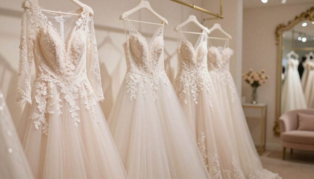 A stunning display of Berta Bridal gowns showcasing key features and intricate details. In the foreground, focus on two elegant wedding dresses: one with delicate lace sleeves and an intricate beaded bodice, and another featuring a flowing tulle skirt with floral appliqués. The middle ground should highlight additional dresses hung gracefully on vintage-style hooks, illuminated by soft, warm lighting to enhance the fabric's textures. In the background, a softly blurred bridal boutique ambiance with tasteful décor, including elegant mirrors and soft pastel hues. Use a soft-focus lens effect to create an ethereal mood, capturing the luxurious and romantic atmosphere typical of Berta Bridal creations. The entire scene should evoke a sense of elegance and sophistication, perfect for a bridal fashion article. A stunning display of Berta Bridal gowns showcasing key features and intricate details. In the foreground, focus on two elegant wedding dresses: one with delicate lace sleeves and an intricate beaded bodice, and another featuring a flowing tulle skirt with floral appliqués. The middle ground should highlight additional dresses hung gracefully on vintage-style hooks, illuminated by soft, warm lighting to enhance the fabric's textures. In the background, a softly blurred bridal boutique ambiance with tasteful décor, including elegant mirrors and soft pastel hues. Use a soft-focus lens effect to create an ethereal mood, capturing the luxurious and romantic atmosphere typical of Berta Bridal creations. The entire scene should evoke a sense of elegance and sophistication, perfect for a bridal fashion article.