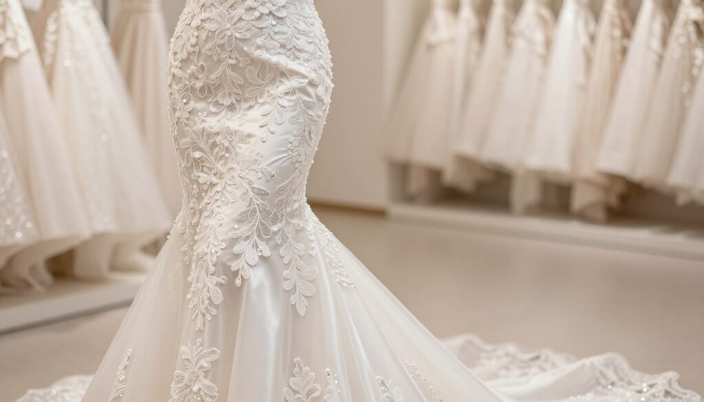 A stunning wedding dress with a mermaid silhouette, showcasing exquisite materials and detailed embellishments. The foreground features delicate lace appliqués and shimmering sequins, intricately arranged along the bodice and cascading towards the hem. The middle area presents a flowing skirt that hugs the curves gracefully, made of luxurious satin and organza, reflecting soft light. In the background, a softly blurred setting of an elegant bridal boutique, with gentle lighting highlighting the dress's details. A warm, romantic atmosphere surrounds the scene, invoking feelings of joy and celebration. The image captures the elegance and craftsmanship of the materials and adornments, showcasing the beauty of the mermaid gown design without any distracting elements.