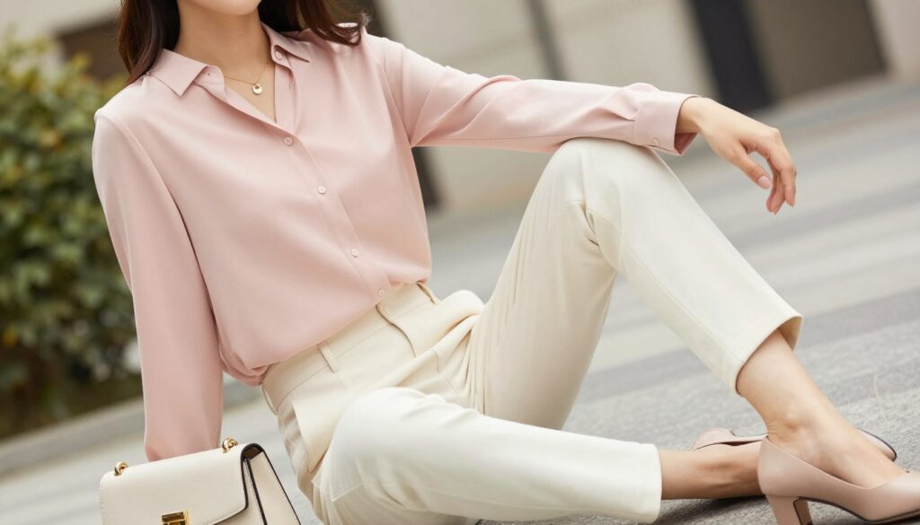 A stylish ensemble featuring a light pastel pink blouse, elegantly paired with tailored cream trousers and chic nude heels. The foreground showcases a confident woman in a modest but trendy outfit, perfect for everyday elegance. In the middle, display some fashionable accessories like a delicate necklace and a stylish handbag, complementing the overall look. The background features a softly blurred urban setting with a hint of greenery, creating a relaxed yet sophisticated atmosphere. Utilize warm, natural lighting to enhance the soft hues of the outfit, capturing a fresh and inviting mood. The angle should be slightly from above, focusing on the outfit while showcasing the elegant pose of the model, embodying the idea of refined casual wear.