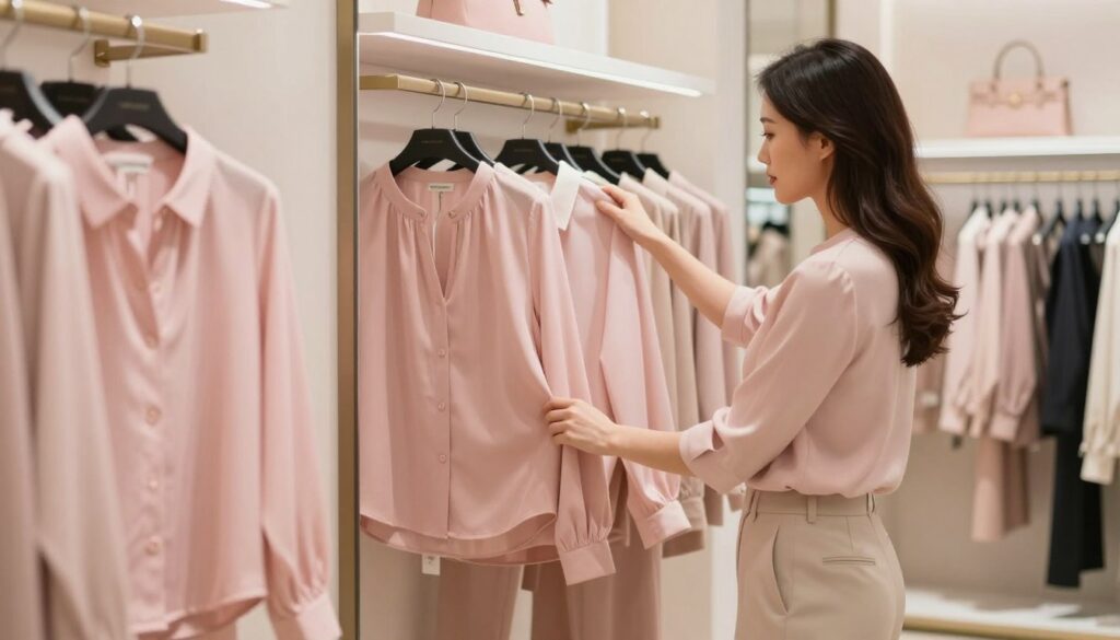 A stylish woman with an elegant figure is trying on various blush pink blouses that complement her silhouette. In the foreground, she examines herself in a full-length mirror, showcasing the blouses' shapes and styles. The middle ground features a well-lit boutique with soft, ambient lighting that highlights the textures of the fabrics. Light pastel colors fill the background, creating a serene and sophisticated atmosphere. The woman is dressed modestly in tailored trousers and a simple top, reflecting professionalism. The angle captures both her reflection and the blouses, emphasizing how each design enhances her shape. The overall mood is one of grace and poise, perfect for a daily elegant appearance.