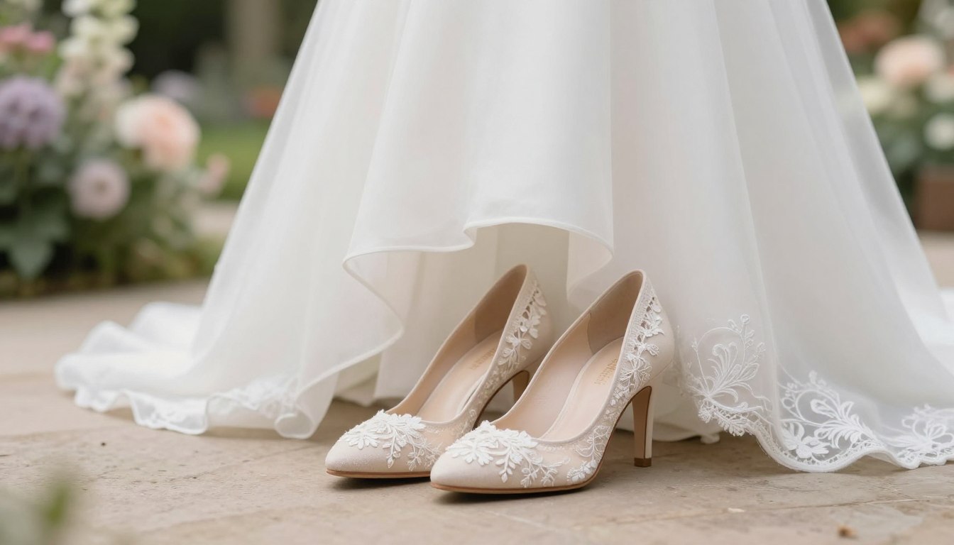 beżowe buty do białej sukni ślubnej