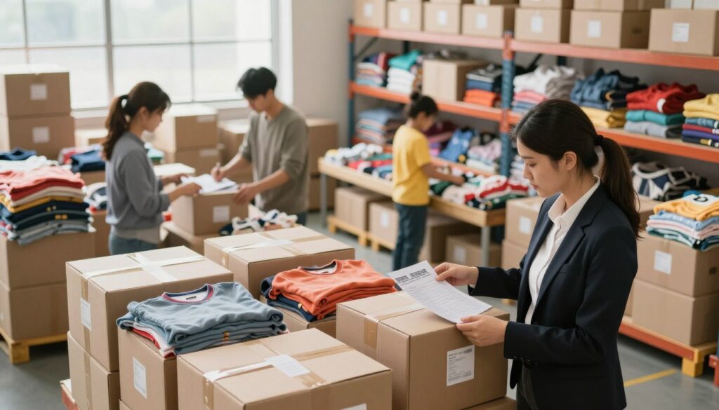 A busy, organized shipping warehouse filled with neatly packed boxes of children's clothes ready for dispatch. In the foreground, a professional individual in business attire examines a shipping label on a box, showcasing attention to detail. In the middle ground, employees work collaboratively, sorting and packing clothes, surrounded by shelves stocked with colorful garments. In the background, a large window lets in soft, natural light, illuminating the space with a warm glow. The atmosphere is efficient and purposeful, reflecting a well-structured operation. The scene is bustling but orderly, conveying a sense of professionalism and diligence in the logistics of clothing distribution. The angle is slightly elevated, providing a comprehensive view of the workspace without distractions or any text overlays.
