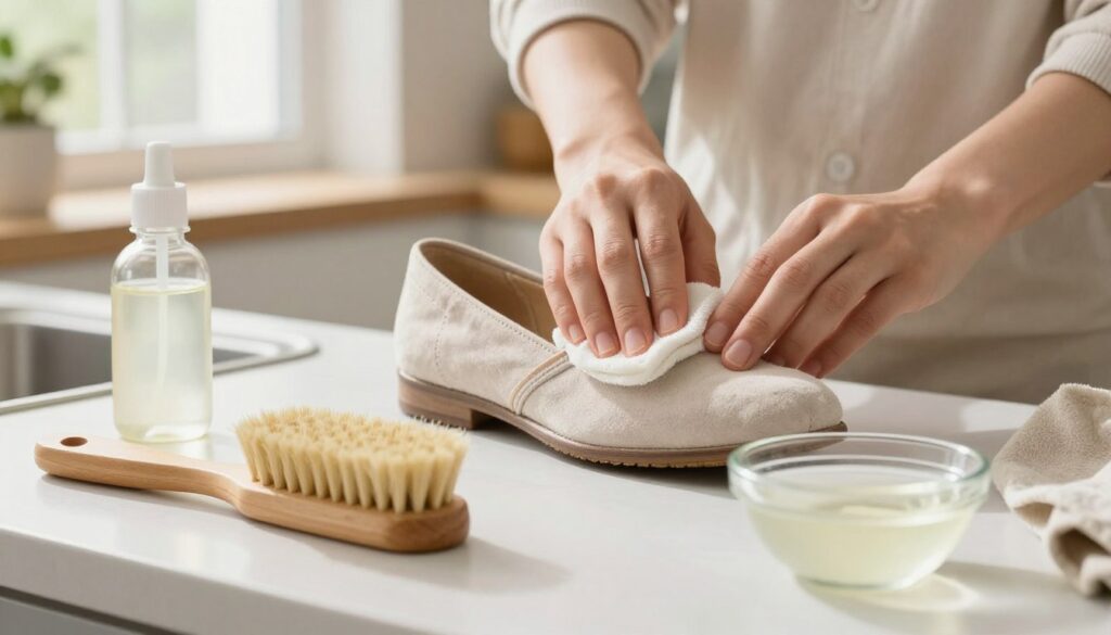 A clean and inviting kitchen countertop with a light-colored suede shoe being gently cleaned using natural household methods. In the foreground, a wooden brush with soft bristles and a bowl of white vinegar are prominently displayed. The middle ground features a pair of hands, dressed in modest casual clothing, carefully applying the cleaning method to the shoe, showcasing a detailed focus on the suede texture. In the background, soft, natural window light filters in, creating a warm and cozy atmosphere. Subtle kitchen elements like a plant and a cloth are present, enhancing the homey feel without distraction. The overall mood should convey a sense of practicality and calmness, showcasing effective cleaning techniques.