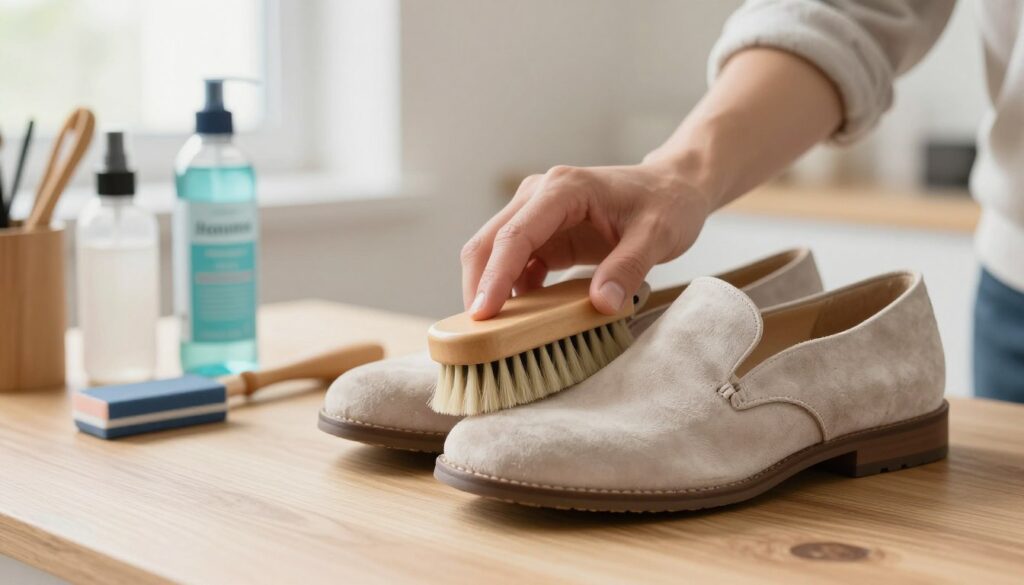A clean, well-lit workspace featuring a close-up view of a pair of light-colored suede shoes being carefully cleaned. In the foreground, a person in modest casual clothing is gently brushing the suede with a specialized suede brush, focusing on avoiding damage. The middle ground showcases various cleaning tools, such as a suede eraser and cleaner, arranged neatly on a wooden table. The background consists of soft, natural lighting coming from a nearby window, creating a warm and inviting atmosphere. The overall mood reflects attention to detail and care, emphasizing the importance of avoiding common mistakes while cleaning delicate suede materials.