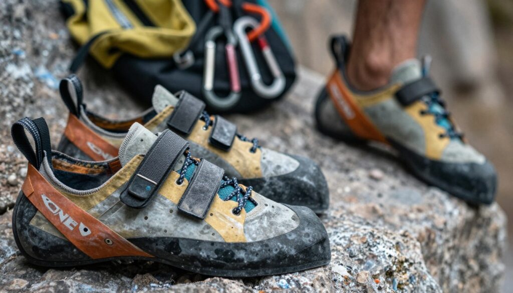 A close-up view of various modern climbing shoe fastening systems, showcasing both velcro and lace-up designs. The foreground features a pair of sleek climbing shoes with intricate details highlighting their sturdy straps and soft materials, positioned on a textured rock surface. In the middle background, blurred climbing gear including carabiners and chalk bags adds context to the climbing theme. The scene is illuminated by soft, natural lighting that emphasizes the textures and colors of the shoes, creating a dynamic, engaging atmosphere. Focus on the craftsmanship and technology behind these fastening solutions, evoking a sense of innovation and adventure in climbing. The background hints at a rugged outdoor climbing setting, enhancing the overall mood. A close-up view of various modern climbing shoe fastening systems, showcasing both velcro and lace-up designs. The foreground features a pair of sleek climbing shoes with intricate details highlighting their sturdy straps and soft materials, positioned on a textured rock surface. In the middle background, blurred climbing gear including carabiners and chalk bags adds context to the climbing theme. The scene is illuminated by soft, natural lighting that emphasizes the textures and colors of the shoes, creating a dynamic, engaging atmosphere. Focus on the craftsmanship and technology behind these fastening solutions, evoking a sense of innovation and adventure in climbing. The background hints at a rugged outdoor climbing setting, enhancing the overall mood.