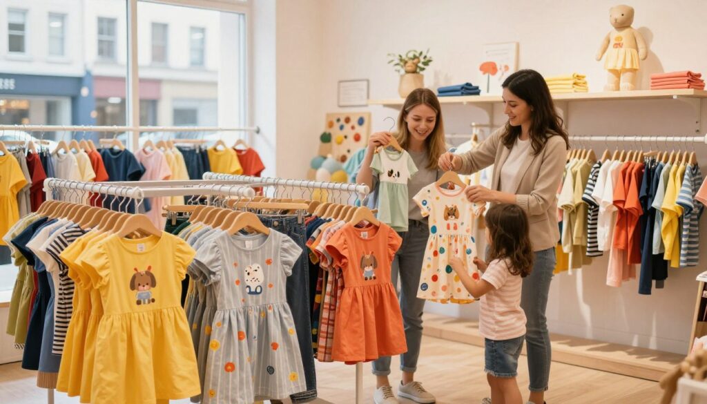 A cozy children's clothing store, showcasing a vibrant display of colorful and stylish outfits for kids. In the foreground, there are neatly arranged racks filled with playful designs, from cute dresses to casual wear, all in bright, inviting colors. A friendly shopkeeper, dressed in smart casual attire, is assisting a parent and child, helping them select the perfect outfit. In the middle ground, soft lighting highlights the textures and patterns of the clothing, creating an inviting atmosphere. The background features large windows letting in warm sunlight, displaying an urban street scene outside, giving a sense of community and local charm. The mood is cheerful and welcoming, encouraging connection between customers and the local business. No text, watermarks, or distractions present in the image.