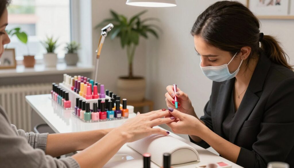 A cozy nail salon with elegant, well-organized manicure stations in the foreground, featuring a skilled nail technician applying a hybrid manicure on a client's hands. The technician is dressed in professional business attire, showcasing precise techniques with colorful gel polishes and intricate nail art designs. In the middle, a stylish display of various nail polish bottles in vibrant colors sits on a sleek counter, reflecting light from soft, ambient lighting overhead. In the background, a serene space with calming decor, such as potted plants and minimalistic artwork, enhances the tranquil atmosphere. The overall mood is professional and inviting, emphasizing quality and attention to detail while celebrating the beauty of manicure services. Soft, natural lighting from large windows accentuates the colors and textures of the nails.